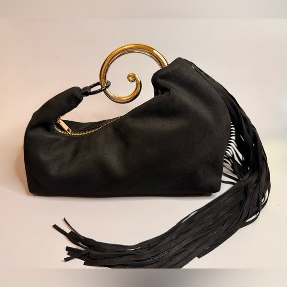 Avant Garde Black Clutch/Wristlet Bag with a Curved Gold Handle - Picture 2 of 4